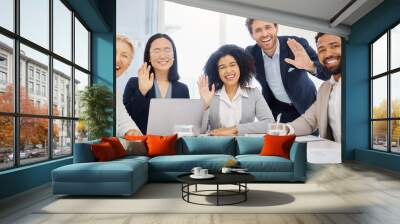 Business people, group wave and video call together for webinar in office with happiness, diversity and teamwork. Corporate team, portrait and happy with men, women and excited for virtual conference Wall mural