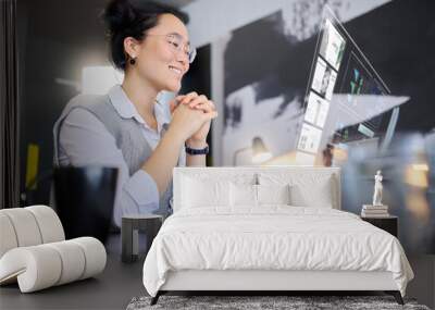 Digital overlay, futuristic computer data and ai hologram with a asian woman with 3d design. Ux, future and laptop infographic of a virtual reality designer employee doing a graphic analysis on web Wall mural