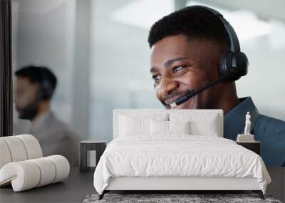 Happy black man, call center and customer service in telemarketing, communication or support at office. African male person or consultant agent smile in online advice, help or contact us at workplace Wall mural