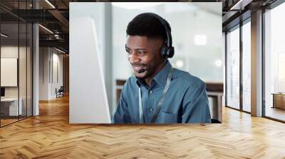 Happy black man, face and call center in customer service, support or telemarketing at office. African male person, consultant or agent with headphones for consulting in contact us or online advice Wall mural