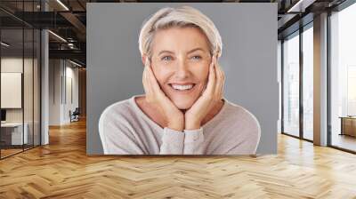 Portrait of woman showing beauty skincare with smile, happiness with dental health and face of healthy elderly person in retirement. Headshot of woman model with cosmetics, skin wellness and hair Wall mural