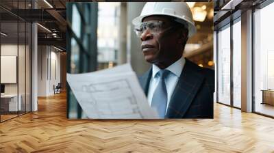 African American engineer in white hard hat and suit holding blueprints in modern building. leadership, expertise, and professionalism in architecture and construction management. Wall mural