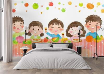 Cute and cheerful illustration of five children enjoying a meal together at a colorful table. Bright smiles and playful food elements evoke a joyful gathering perfect for family celebrations. Wall mural