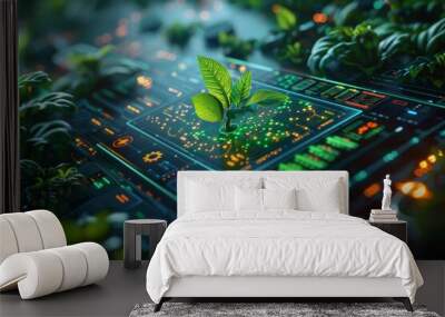 Futuristic AI interfaces merged with sustainable technology, Close-up of vibrant green leaf, tech interface beneath, signifying growth and data-driven insights in ecological research. Wall mural