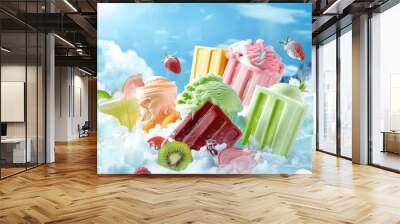 Illustration of Frozen treats ascend among icy vapors, strawberries and kiwis adorn, snow-capped peaks hint at arctic bliss beyond. Gelid sweets rise, adorned by fresh fruit, Wall mural