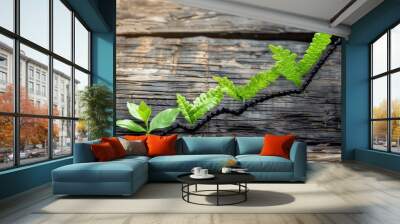 Line graph made of growing leaves on wooden background symbolizing upward financial growth, sustainability, and eco-friendly finance practices in harmony with natural progress Wall mural