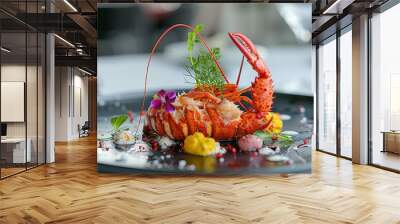 lobster steak, Elegant lobster dish garnished with a flower, herbs, and spheres on a modern plate, embodying upscale gastronomy. Artistic seafood plate featuring lobster with garnishes, drizzles, Wall mural