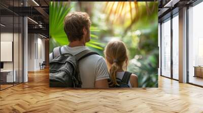 Man and girl gaze into dense foliage, backs to viewer, jungle exploration, bonding in nature's maze. Duo looking forward into thick greenery, light filters through, shared wonderment in wilderness. Wall mural