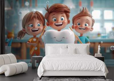 Three happy children brushing large smiling tooth, in a kitchen setting, promoting dental hygiene. Kids holding toothbrushes, excited and learning proper oral care. fun dental health education. Wall mural