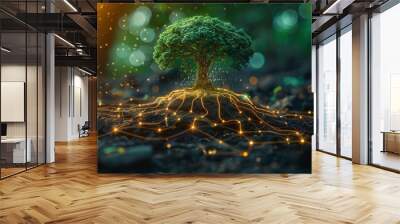 Tree with its roots transforming into digital cables, connecting network green technologies, this image symbolizes synergy between nature, technology, sustainable solutions combat climate change. Wall mural