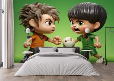 Two cartoon characters are fighting over a soccer ball. One is wearing a green shirt and the other is wearing an orange shirt. Asian children cheering for their team flat design top view football fans Wall mural