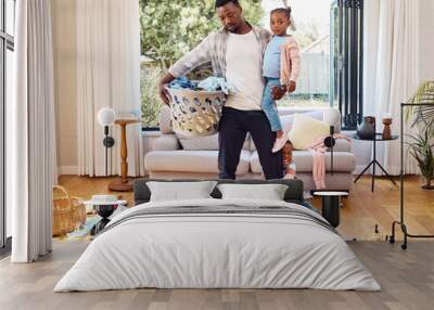 Family, chaos and father with children in home shouting with anger, frustrated and upset emotions. Tantrum, discipline and tired dad with kids screaming with mess, laundry and toys in living room Wall mural