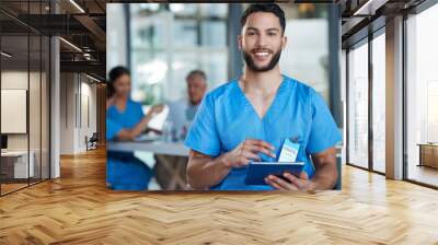 Hospital, doctor and portrait of man on tablet for medical analysis, research and report in meeting. Healthcare, clinic and male nurse on digital tech for wellness app, online consulting and service Wall mural