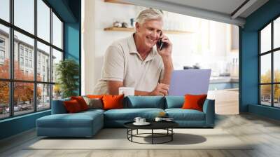 Senior man, phone call and laptop home budget finances, online banking and planning for retirement savings, investment and insurance. Happy mature guy working, consulting and mobile admin connection Wall mural