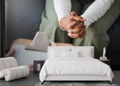 Woman, hands and therapist writing on clipboard in consultation for mental health, psychology or healthcare. Hand of female person or psychologist consulting patient with anxiety or stress in therapy Wall mural