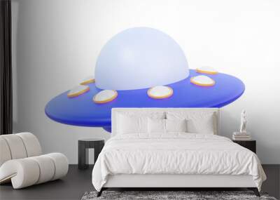 3D flying ufo on isolated transparent png background.  toy stylised alien spaceship modern design cartoon style fiction fantasy. 3d render illustration elements Wall mural