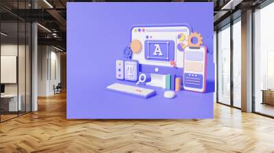 3d render Isometric UI-UX design. Developer mobile system application software development concept. coding smartphone connections. Modern user interface, banner, illustration Wall mural