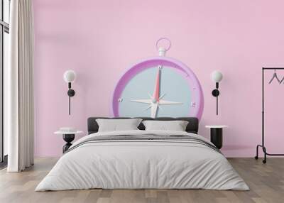 3D render Purple compass icon; direction location; map travel navigation concept. website; Minimal cartoon style on pink background. illustration Wall mural