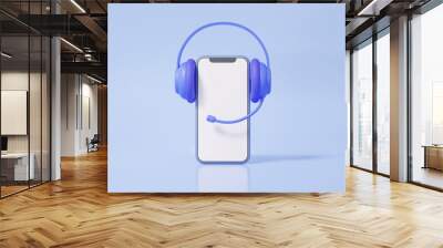 3D smartphone blank white screen with headphones call center customer service on pastel background. operator help chat mobile contact, support consultant talk concept. 3d render. illustration Wall mural