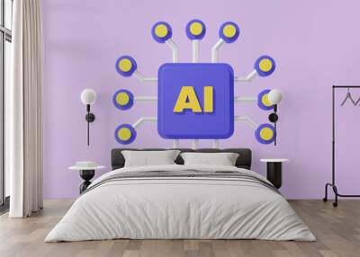 AI system processor chip 3D icon analysis artificial intelligence innovation on purple background. technology digital learning education cyber software development. 3d render. illustration Wall mural