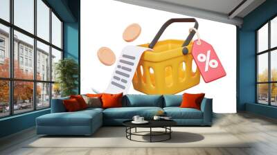 Baskets tag receipt bill coins online e-commerce voucher marketing concept. on transparent background. Promotion coupons percent discount price, money payments. 3d render illustration Wall mural