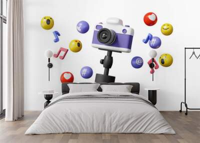 Camera tripod live streaming multimedia media emoji vlog creative content video social media on innternet. passive income concept. make money, isolated, 3d render illustration Wall mural