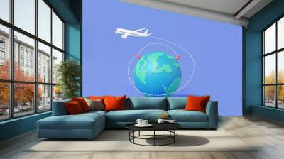 Cartoon minimal. tourism plane trip planning worldwide tour with mark map pin earth location. travel leisure touring holiday summer concept. 3d rendering illustration. Wall mural