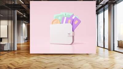 Cashback in wallet icon concept with Banknotes coins credit card Finance saving online Payment investment on isolated pink background illustration. 3d render Wall mural