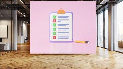 Checklist on clipboard paper Correct green mark and incorrect red mark icon, Yes or No, approved, declined, right, wrong  isolated on pink background cartoon minimal. 3d render illustration Wall mural