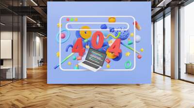 Computer laptop coding software developer website warning alert 404 error page not found maintenance updates UI-UX modern graphic design abstract elements geometric shapes. 3d render illustration Wall mural