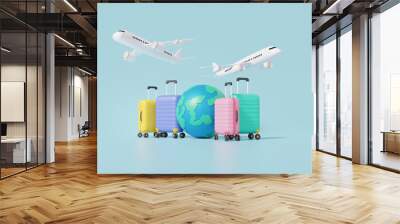 Globe and suitcase with flight plane travel tourism plane trip planning world tour luggage, leisure touring holiday summer concept. minimal cartoon. 3d render illustration Wall mural