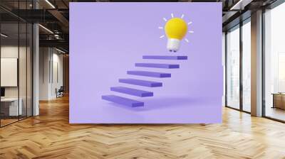 Idea target successful concept. yellow lightbulb with staircase strategy step by step growth of business, achievement performance Minimal cartoon on pastel background. 3d rendering illustration Wall mural