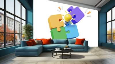 Jigsaw puzzle pieces partnership brainstorming teamwork concept. innovation light bulb idea education learning collaboration in successful business development. 3d rendering. illustration Wall mural