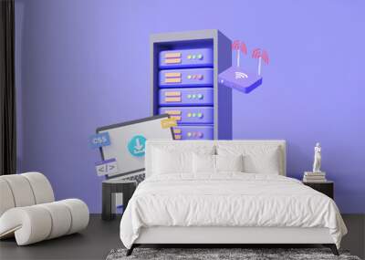 Programing coding system cloud computing data center server storage database connect computer Wi-Fi digital technology electronic. security protection online platform backup. 3d render Wall mural