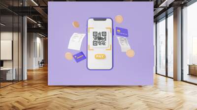 QR code scanning via mobile phone with bill coin floating on purple background. pay money or online payment, shopping special concept. digital transaction financial. Minimal cartoon. 3d rendering Wall mural