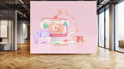 Search marketing system design of PPC or Pay Per Click concept click on a computer advertising. Make Floating transfer money on credit card pink pastel background illustration, 3d rendering Wall mural