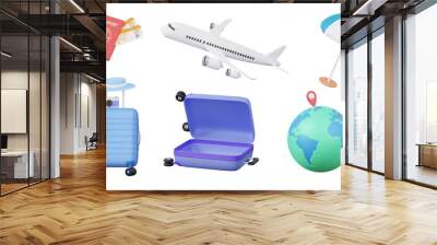 Set travel 3D icon, passport, airplane, beach umbrella, luggage, open suitcase, map pin globe, holiday travel tourism plane trip planning world tour luggage concept. isolated. 3d render illustration Wall mural