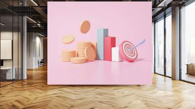 Stack coins, Financial graph economics analytics. growth target planning cost reduction saving investment education concept. on pink background. 3d render illustration Wall mural