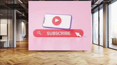 Subscribe channel multimedia television play online video marketing on smartphone with passive income concept. bar search channel floating on pink background. 3d render illustration Wall mural