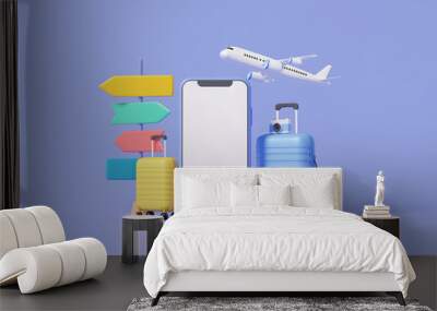 Travel online booking service on mobile suitcase and flight airplane. calendar appointment.Tourism trip planning world tour, leisure touring holiday summer concept. banner. 3d render illustration Wall mural