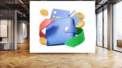 Wallet with arrow coins cashback or refund bonus discount promotion shopping online marketing sale money payments transfer on isolated background. 3d rendering illustration Wall mural