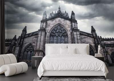 St. Giles Cathedral (High Kirk of Edinburgh). Creepy church with cloudy sky in the background. Cathedral in bad weather. Wall mural