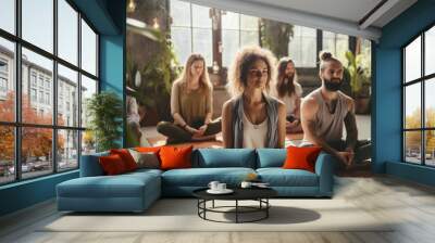 group of young women and men meditating peacefully in yoga pose at a yoga class created by generative AI Wall mural