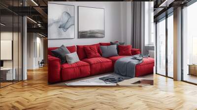 photo of red sofa and recliner chair with plants in a scandinavian clean and minimalist living room apartment and design interior furniture Wall mural