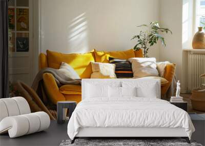 Yellow sofa and recliner chair in scandinavian apartment with modern interior room design with plants Wall mural