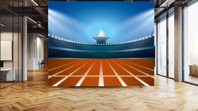 Athletics stadium with track at general front night view. Vector Wall mural