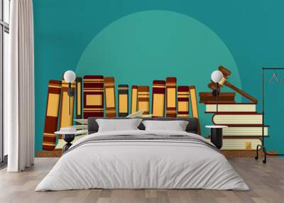 Books on shelf with open book and judge gavel on teal background. Legal, juridical education. Jurisprudence studying, law theory. Vector illustration. Wall mural