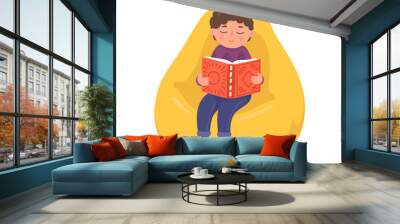 Cute little boy reading book in bean bag. Child sitting in comfortable armchair. Education vector illustration isolated on white background.  Wall mural