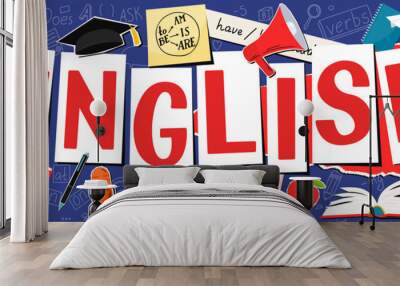 English. English language hand drawn doodles, lettering and stickers. Language education banner. Wall mural