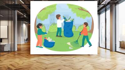 group of children cleaning up spring city park. vector illustration. Wall mural